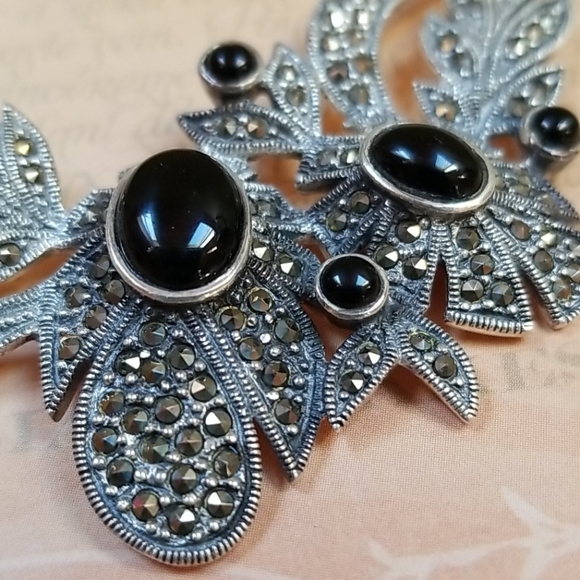 Vintage Art Deco 1920s Sterling Silver Onyx and Marcasite Statement Necklace - Picture 11 of 16